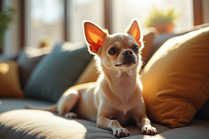 chien-chihuahua-salon-soleil Chihuahua à poil court assis sur un canapé moderne en appartement