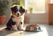 Chiot border collie assis près d'une gamelle en acier inoxydable