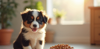 Chiot border collie assis près d'une gamelle en acier inoxydable