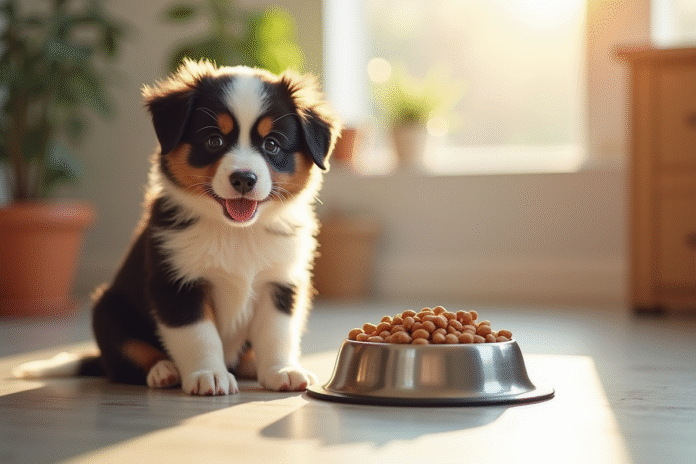 Chiot border collie assis près d'une gamelle en acier inoxydable