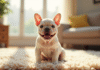 Cinq choses à savoir avant d’adopter un bébé bouledogue français Chiot bulldog français souriant sur tapis beige en salon lumineux