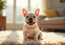 Chiot bulldog français souriant sur tapis beige en salon lumineux