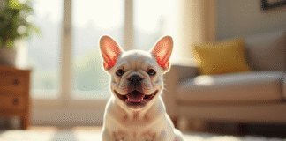 Chiot bulldog français souriant sur tapis beige en salon lumineux