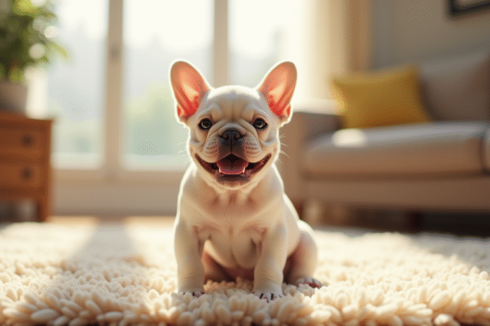 Chiot bulldog français souriant sur tapis beige en salon lumineux