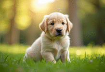 Chiot labrador assis dans l'herbe en plein air