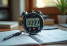 Zoom sur un chronomètre digital moderne sur un bureau en bois avec notes