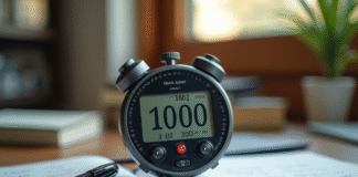 Zoom sur un chronomètre digital moderne sur un bureau en bois avec notes