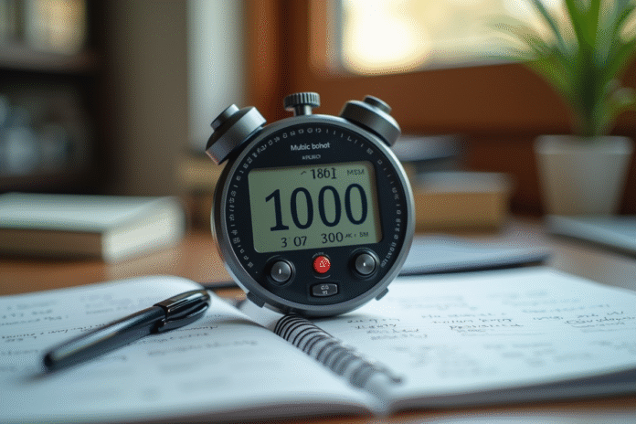 Zoom sur un chronomètre digital moderne sur un bureau en bois avec notes