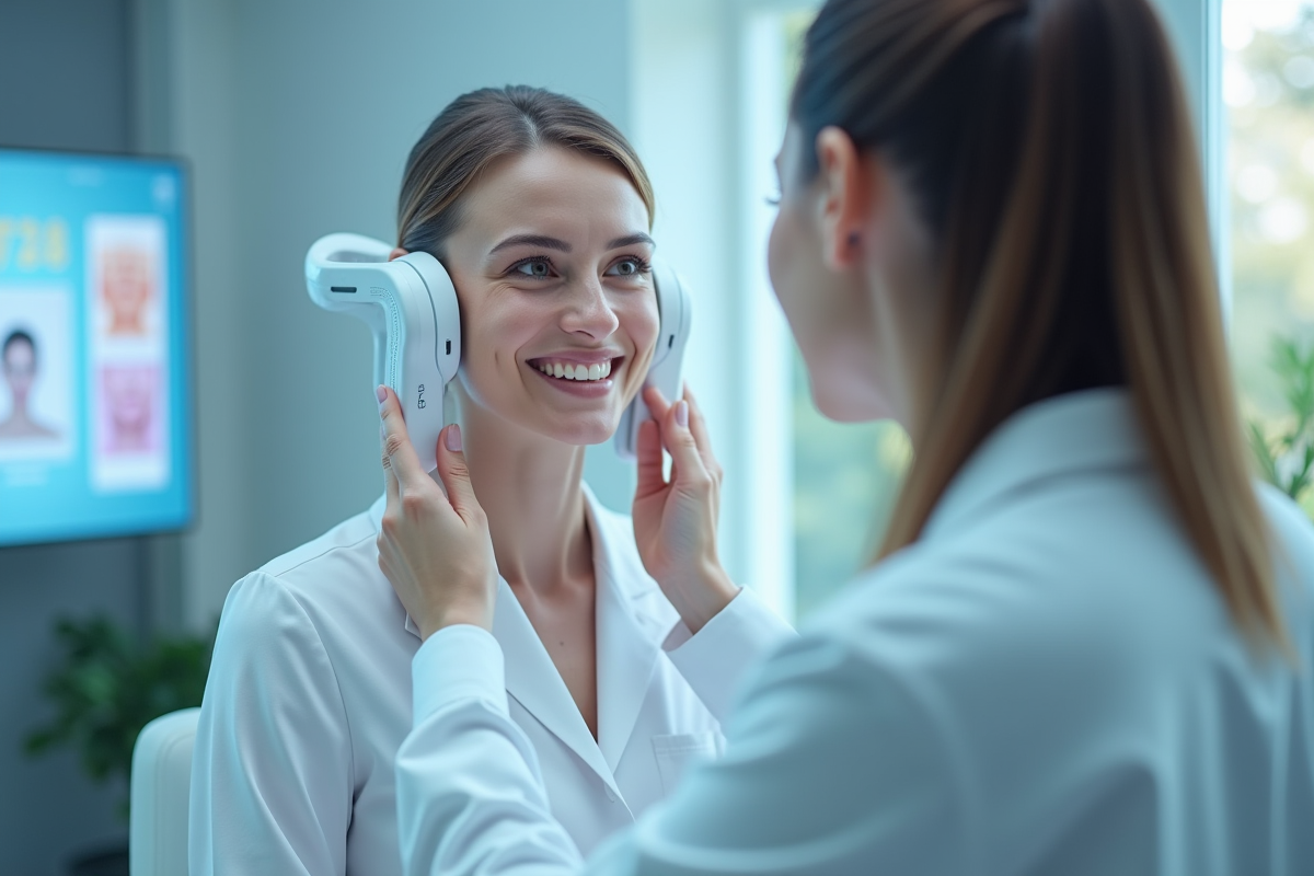 Consultation avec femme et docteur utilisant un appareil hightech