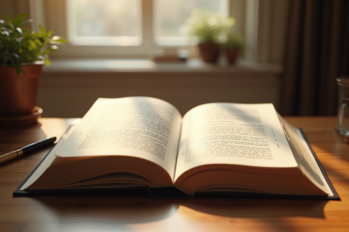 Livre de code civil français ouvert sur un bureau ensoleille
