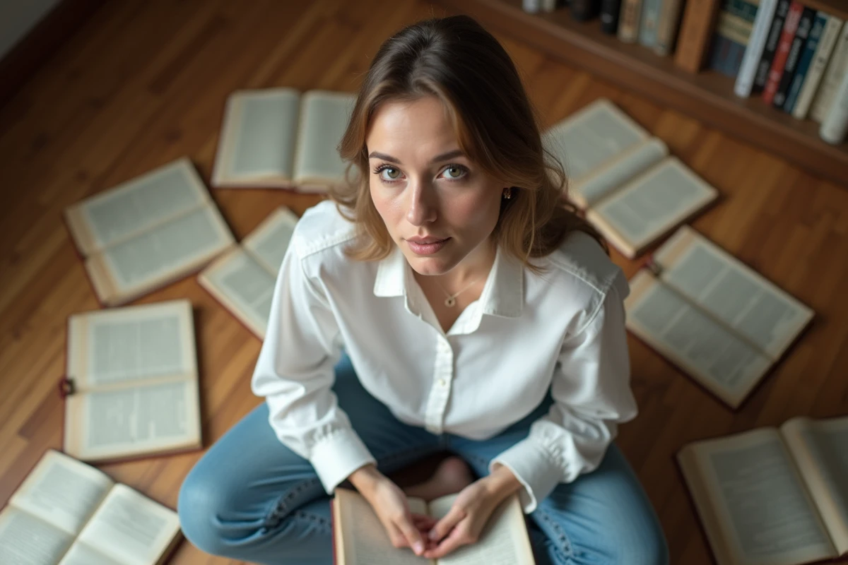 Femme comparant des pages de scénario pour vérifier la cohérence interne d'un retournement narratif
