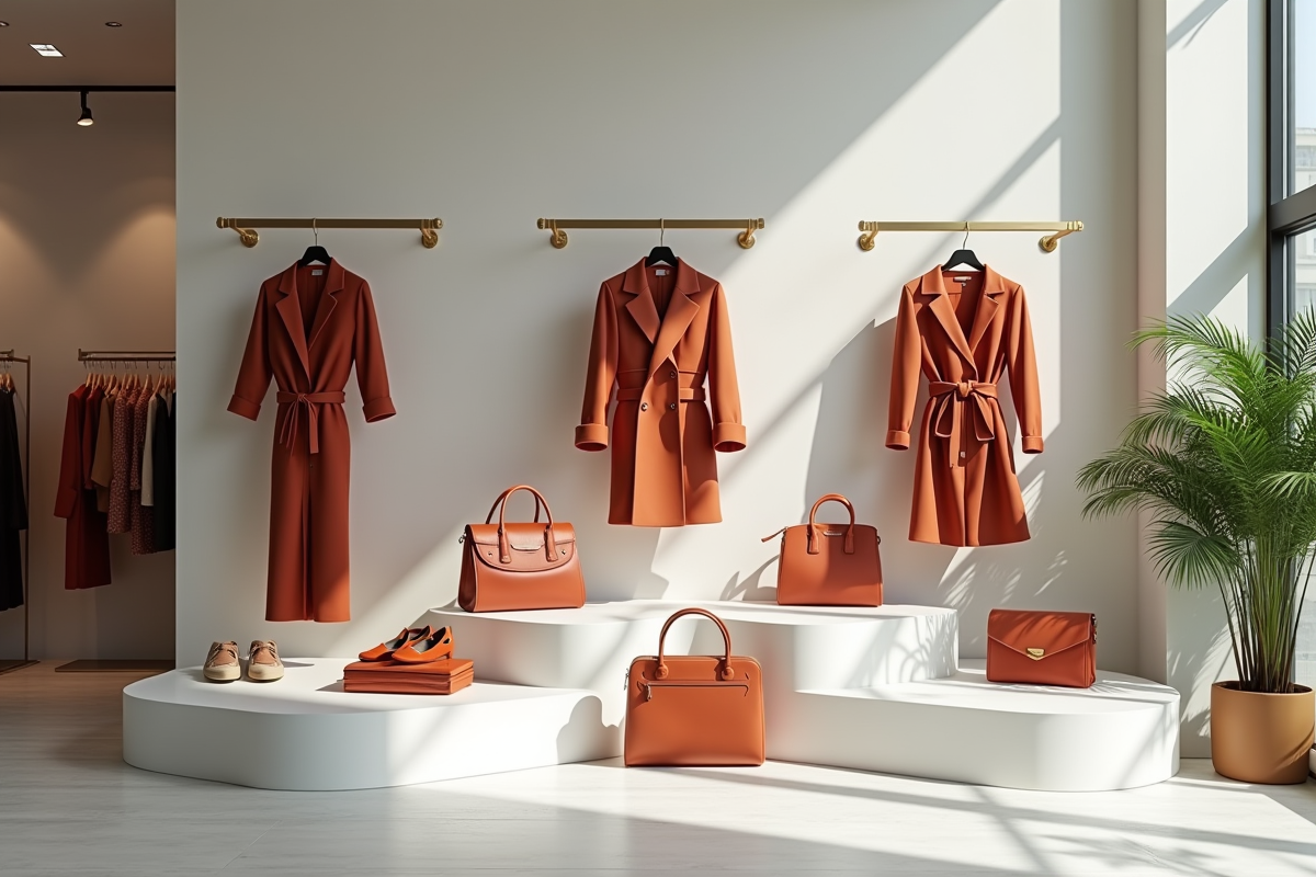 Collection de vêtements et accessoires de luxe en boutique lumineuse