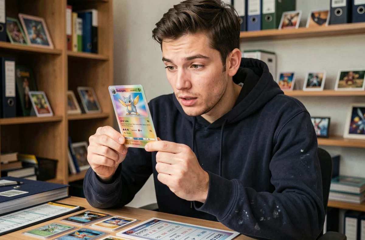 Collectionneur examinant une carte Pokémon holographique rare issue de l'extension Foudre Noire et Flamme Blanche en 2026
