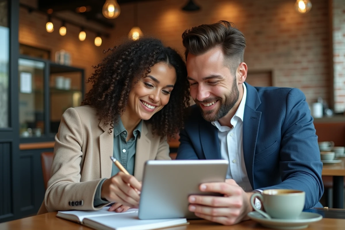 Deux collègues collaborant sur la correction d'un email professionnel en français dans un café urbain