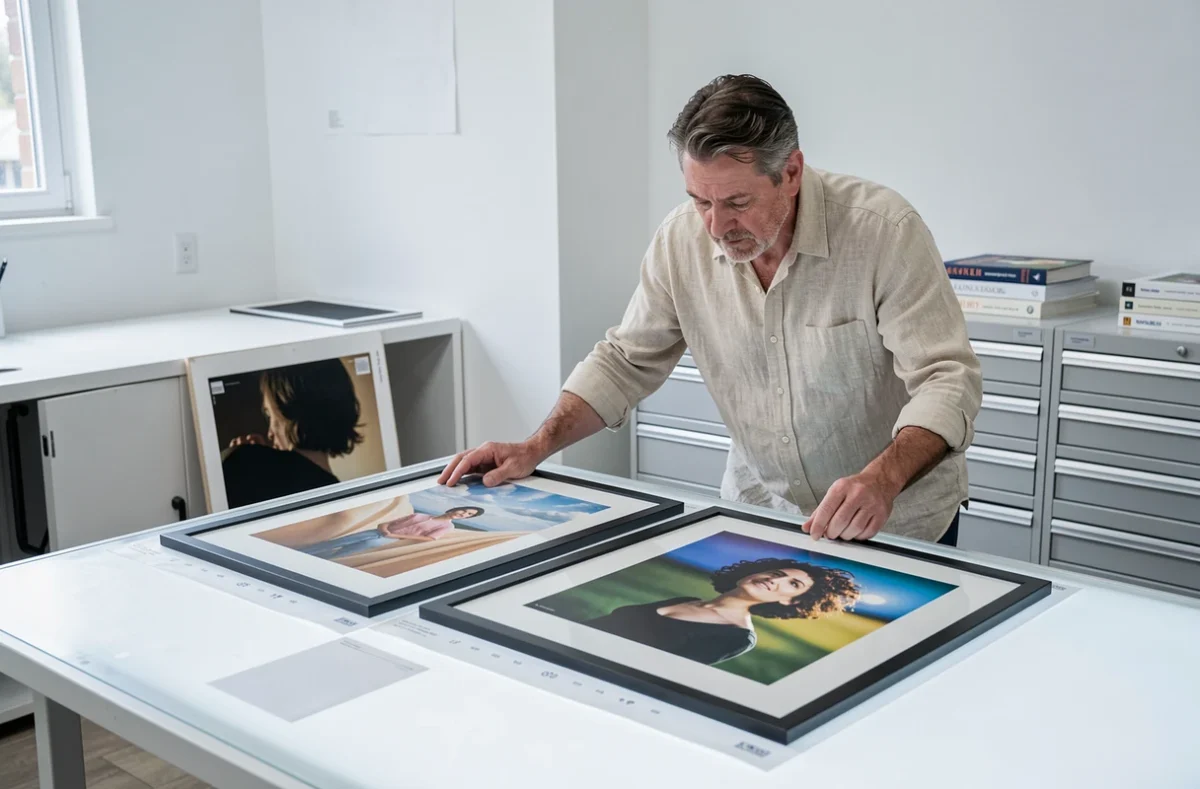 Homme comparant deux estampes de Jean Bille côte à côte sur une table d'archivage en studio de conservation