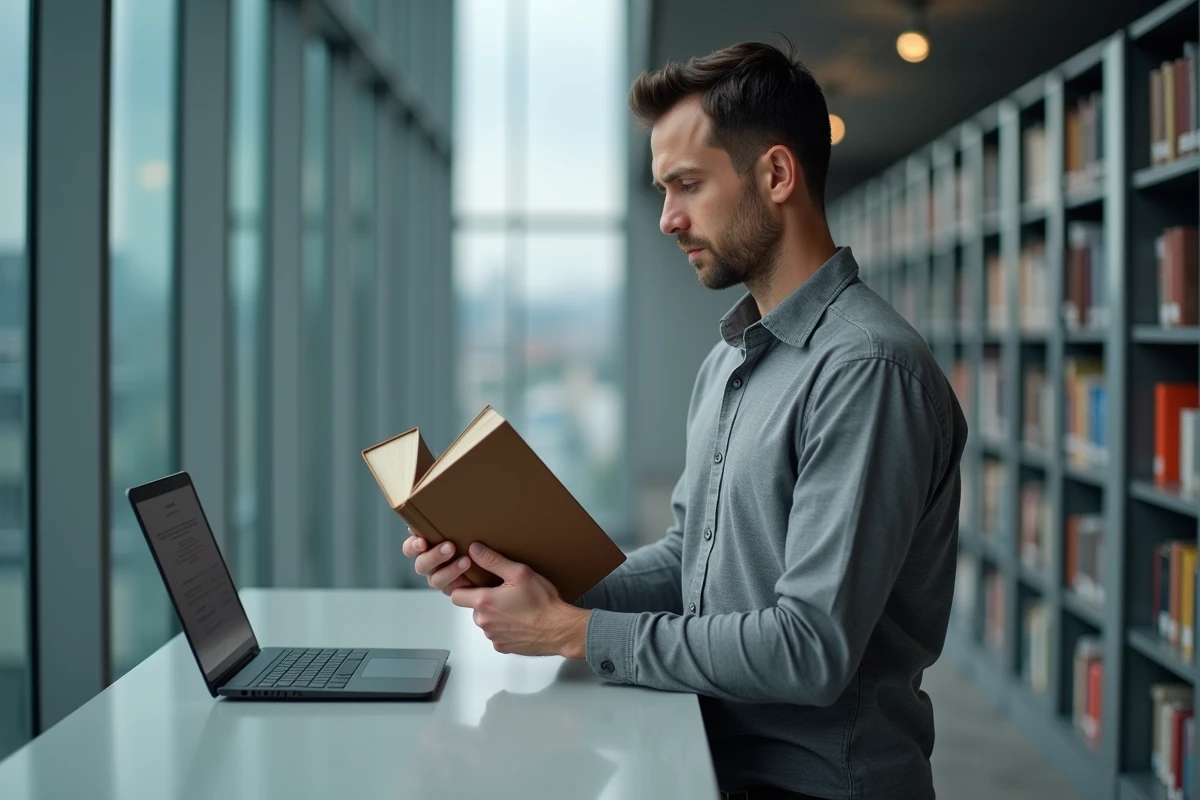 Homme comparant deux livres dans une bibliothèque moderne pour identifier un faux numéro ISBN