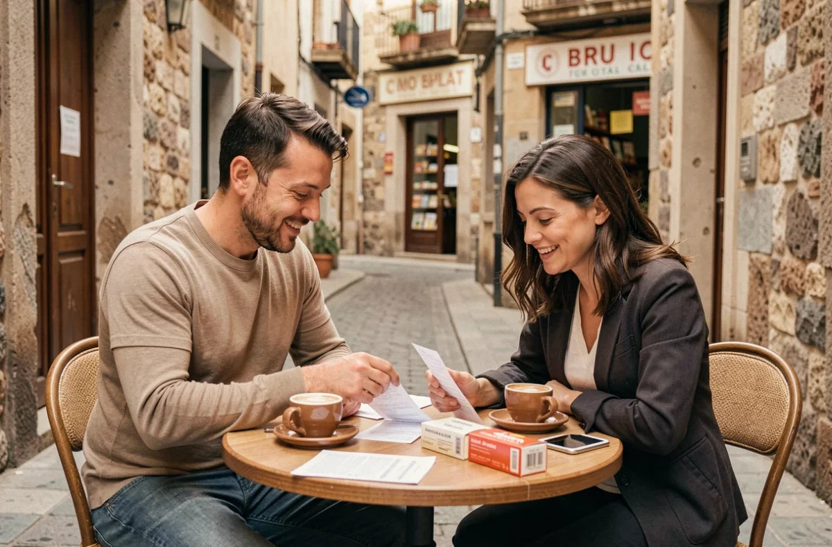 Deux amis frontaliers comparent leurs achats de cartouches en Espagne attablés dans un café de ville frontalière