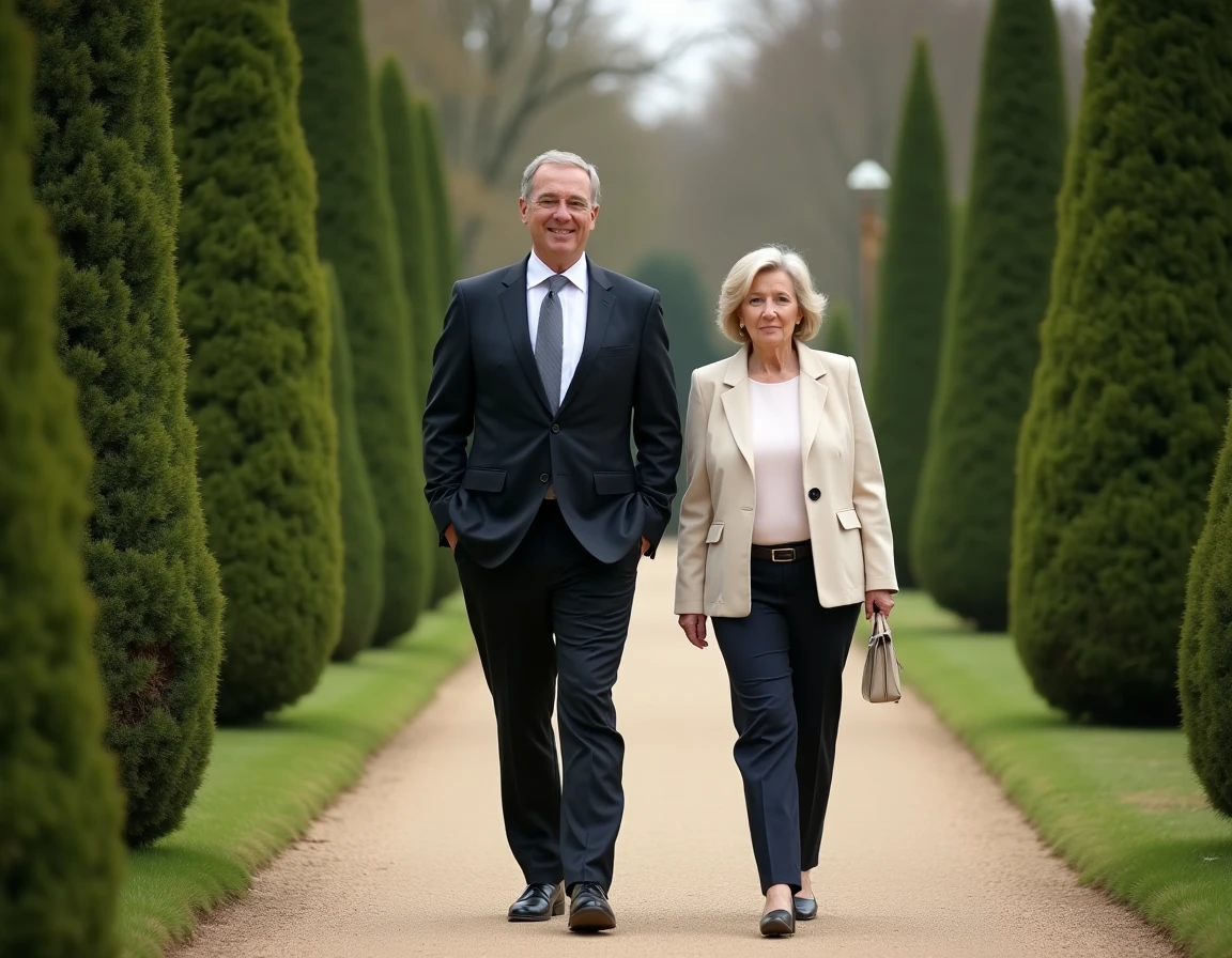 Homme et femme marchant côte à côte dans un jardin à la française, comparaison naturelle de leur stature respective