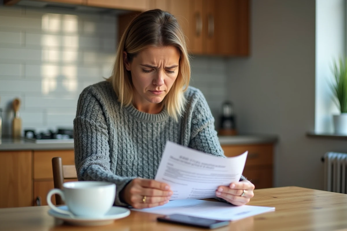 Femme inquiète lisant un avis de contravention à la maison, perte de points sur le permis de conduire