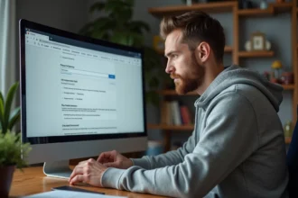 Homme configurant les paramètres de confidentialité de son navigateur sur un grand écran dans un bureau à domicile moderne