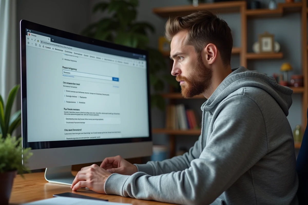 Homme configurant les paramètres de confidentialité de son navigateur sur un grand écran dans un bureau à domicile moderne
