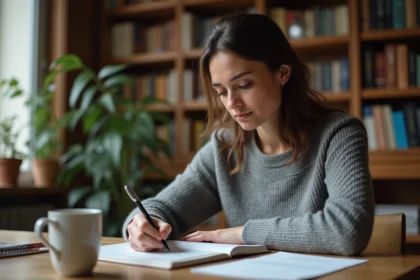 Femme concentrée écrivant dans un cahier de grammaire française à son bureau