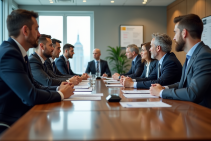 Groupe de conseillers municipaux en réunion dans une salle moderne