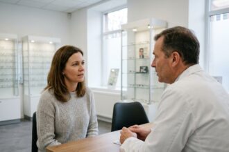 Femme consultant un opticien lors d'un premier rendez-vous dans une clinique optique moderne