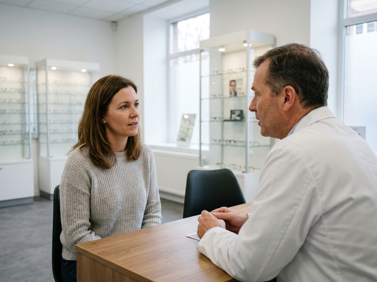 Femme consultant un opticien lors d'un premier rendez-vous dans une clinique optique moderne