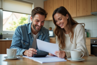 Couple souriant en train de revoir des documents immobiliers