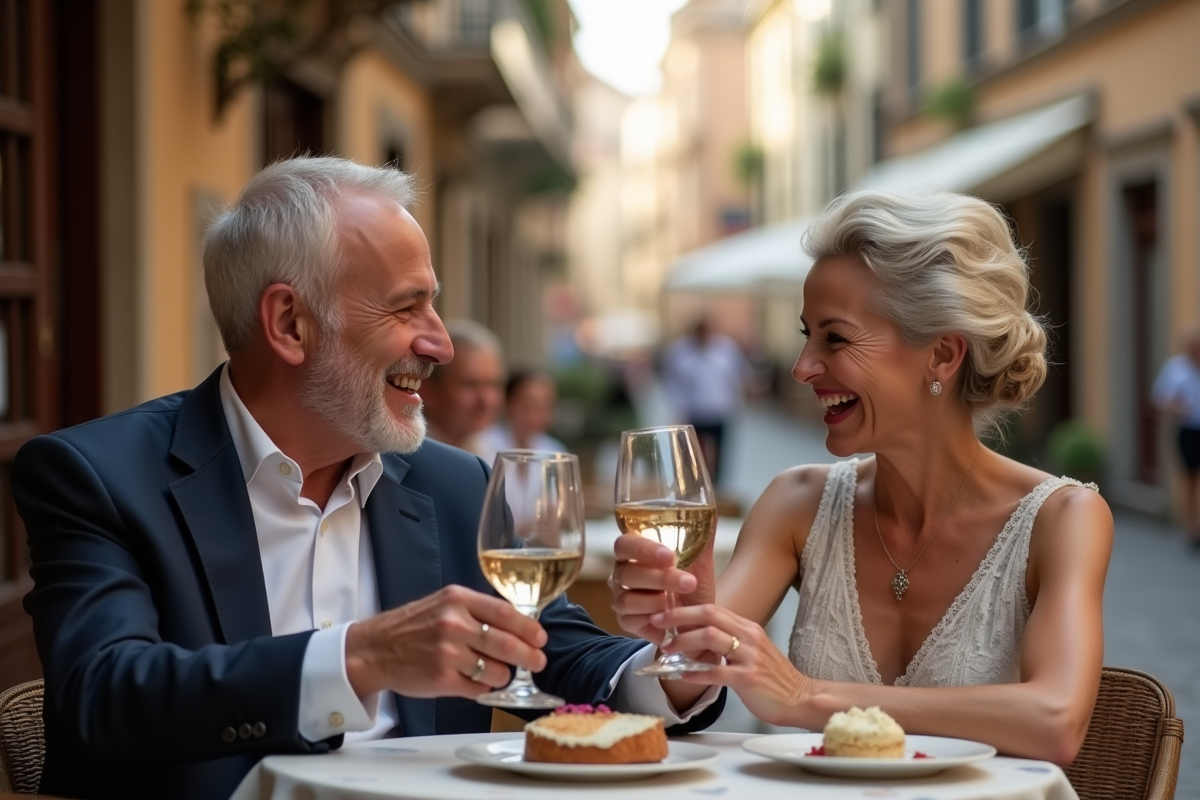 Couple élégant trinquant dans un café européen en journée