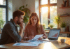 Jeune couple analysant documents immobiliers dans une cuisine lumineuse