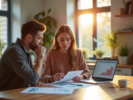 Jeune couple analysant documents immobiliers dans une cuisine lumineuse