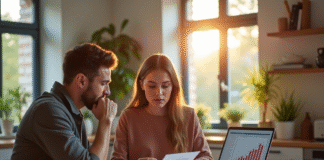 Jeune couple analysant documents immobiliers dans une cuisine lumineuse