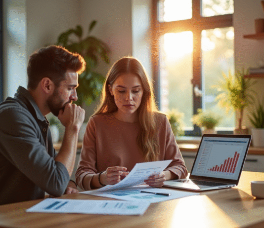 Investir dans une SCPI : est-ce vraiment rentable ? Jeune couple analysant documents immobiliers dans une cuisine lumineuse