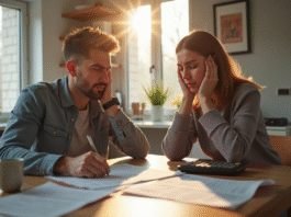 Couple inquiet avec documents de prêt immobilier