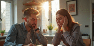 Couple inquiet avec documents de prêt immobilier