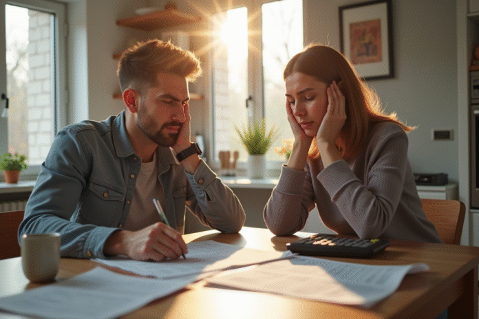 Couple inquiet avec documents de prêt immobilier