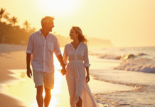 Couple mature main dans la main sur plage au coucher de soleil