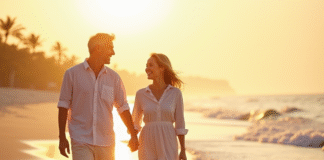 Couple mature main dans la main sur plage au coucher de soleil