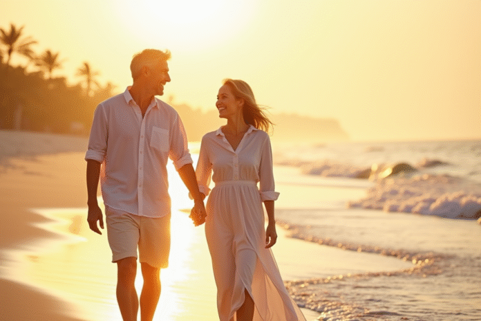 Couple mature main dans la main sur plage au coucher de soleil