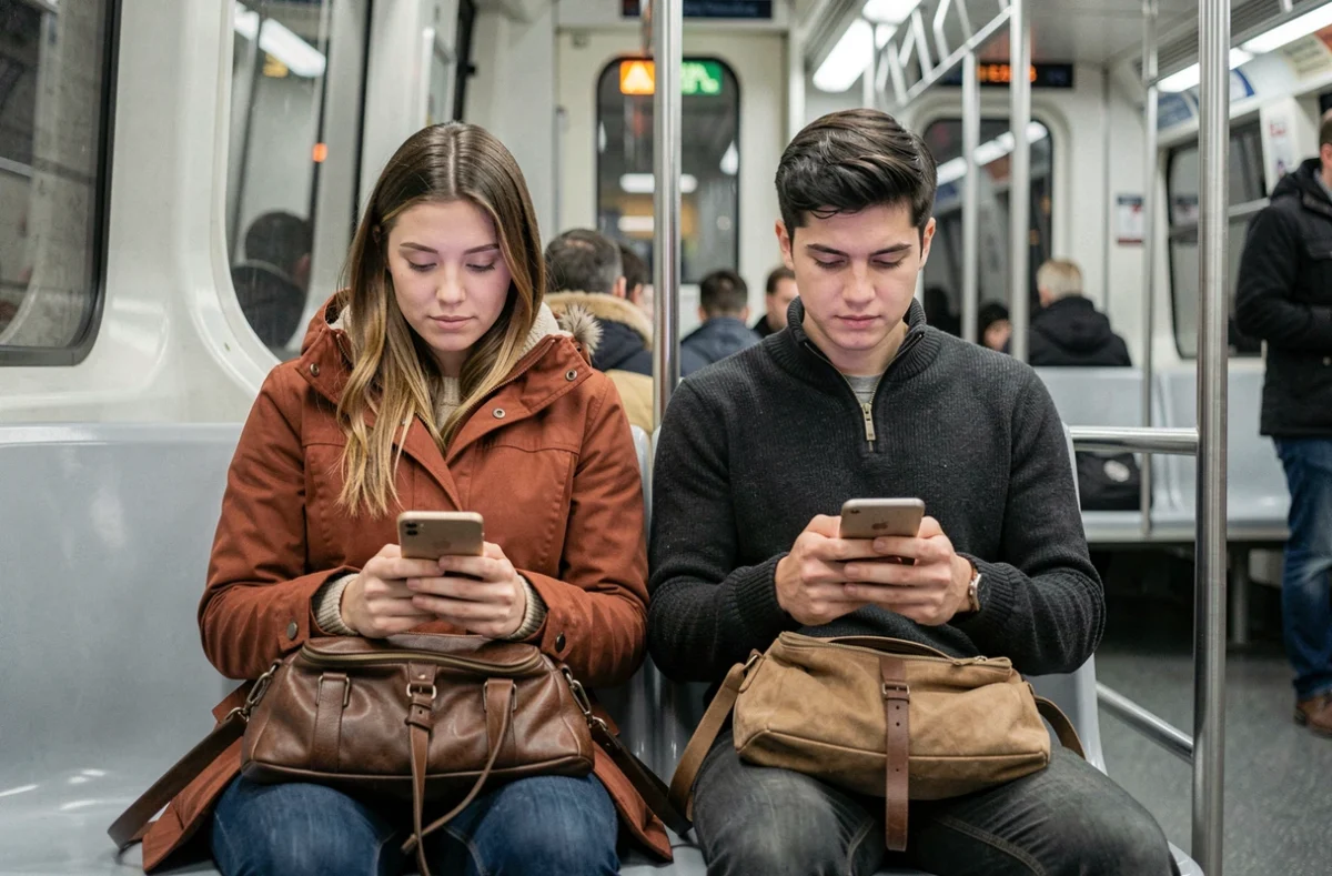 Deux jeunes professionnels consultant leur téléphone à bord d'une rame de la ligne 6 pendant leur trajet domicile-travail
