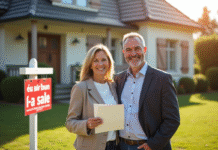 Couple français souriant devant une maison à vendre