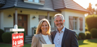 Couple français souriant devant une maison à vendre