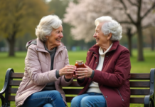 Partage : définition et importance dans la société actuelle Deux femmes âgées échangeant des confitures dans un parc printanier