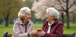 Partage : définition et importance dans la société actuelle Deux femmes âgées échangeant des confitures dans un parc printanier