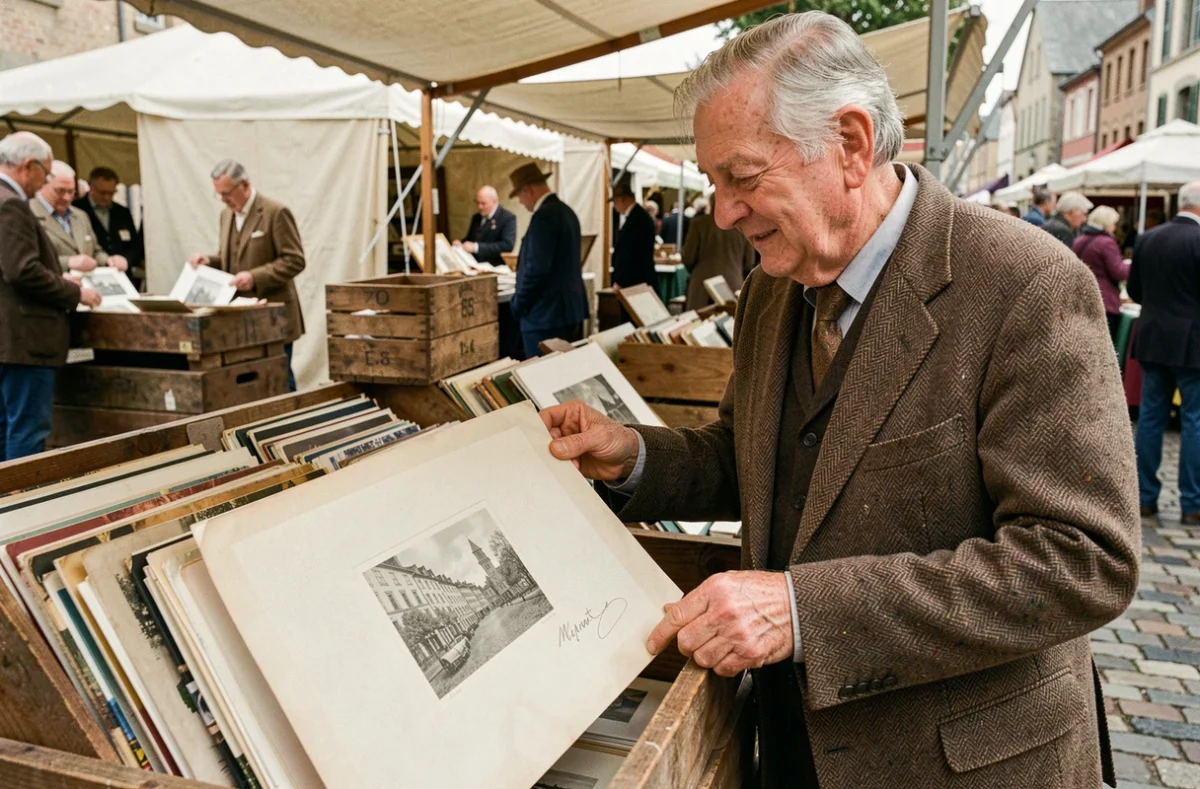Collectionneur découvrant la signature au crayon d'une estampe de Jean Bille dans un marché aux puces