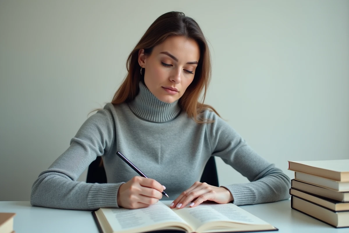 Femme écrivant une définition opérationnelle dans un carnet ouvert sur un bureau minimaliste