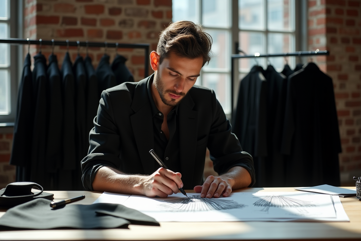 Jeune designer mode esquissant une robe noire dans un loft urbain