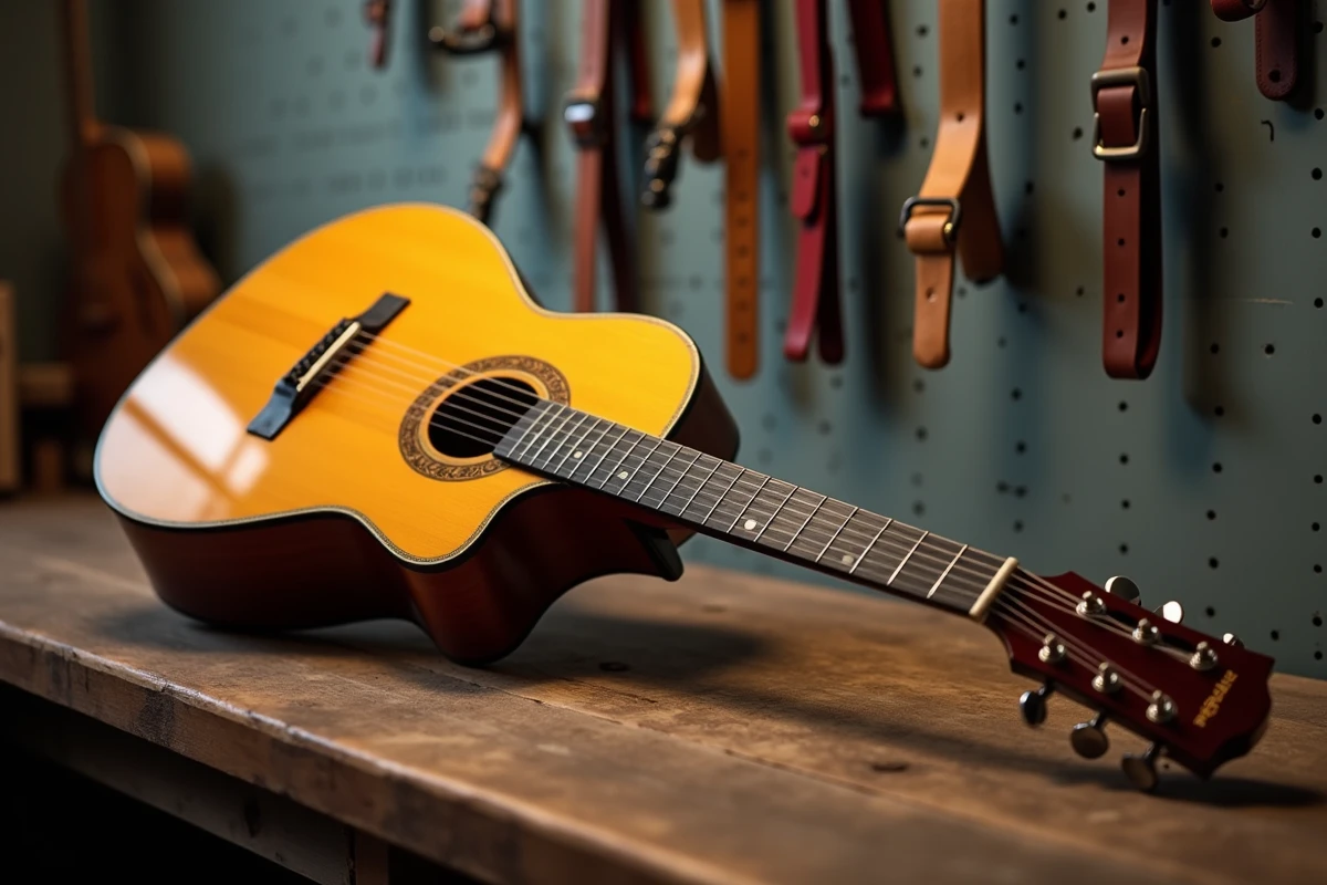 Détail d'une guitare classique Atlantic posée sur un établi en bois dans une boutique de musique indépendante